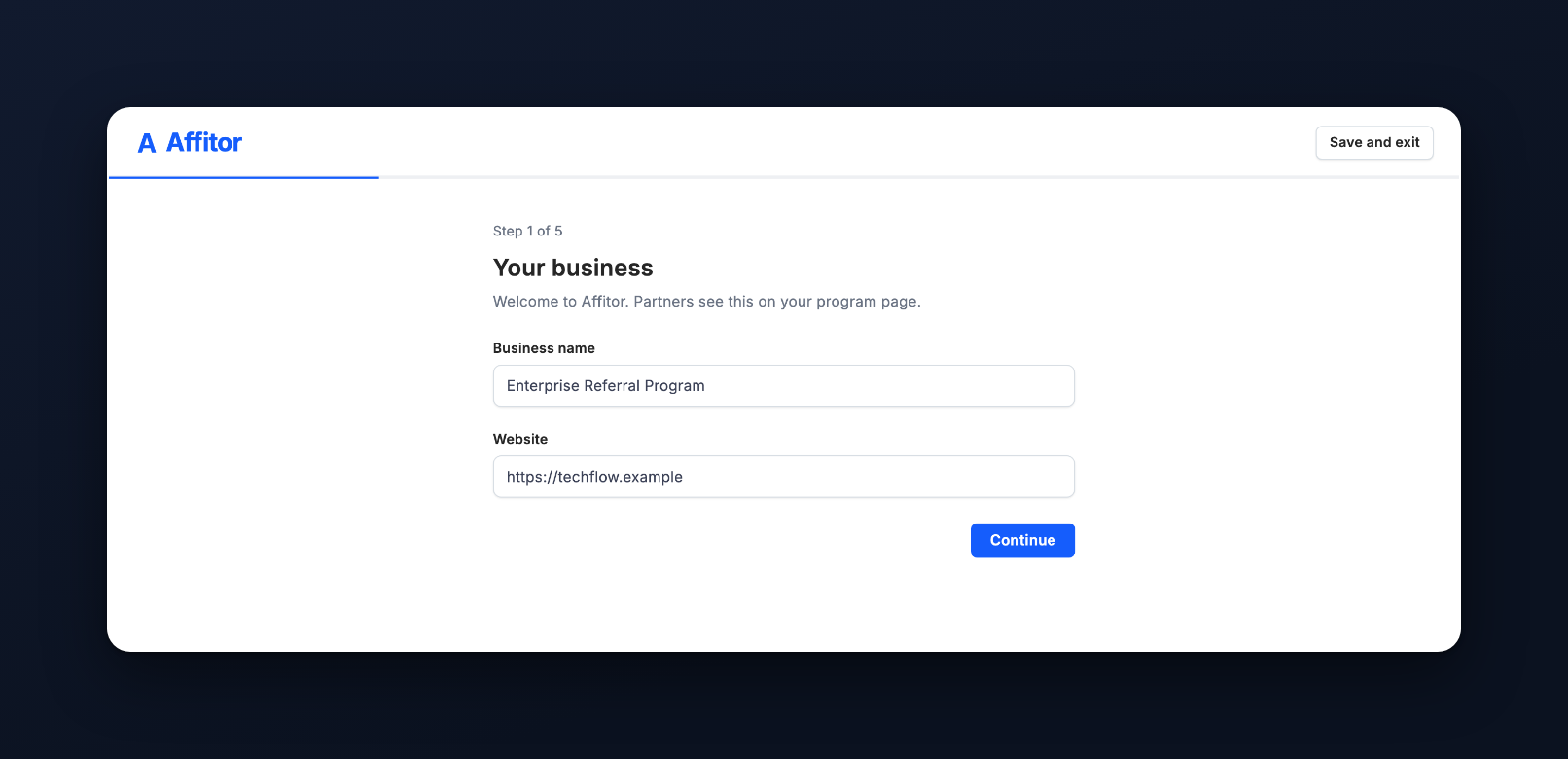 Step 1 of 5, Your business, with Business name, Website and Continue