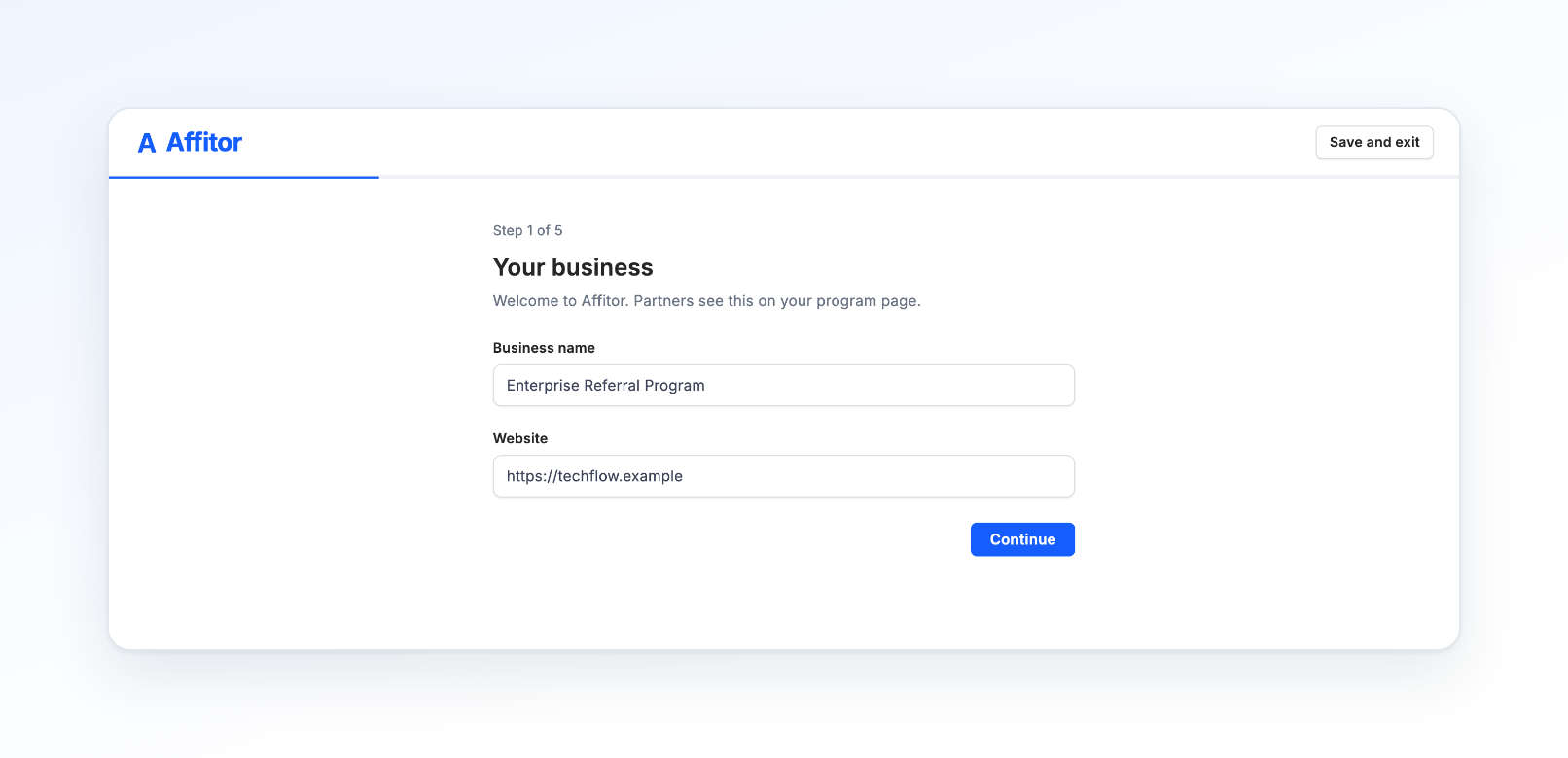 Step 1 of 5, Your business, with Business name, Website and Continue
